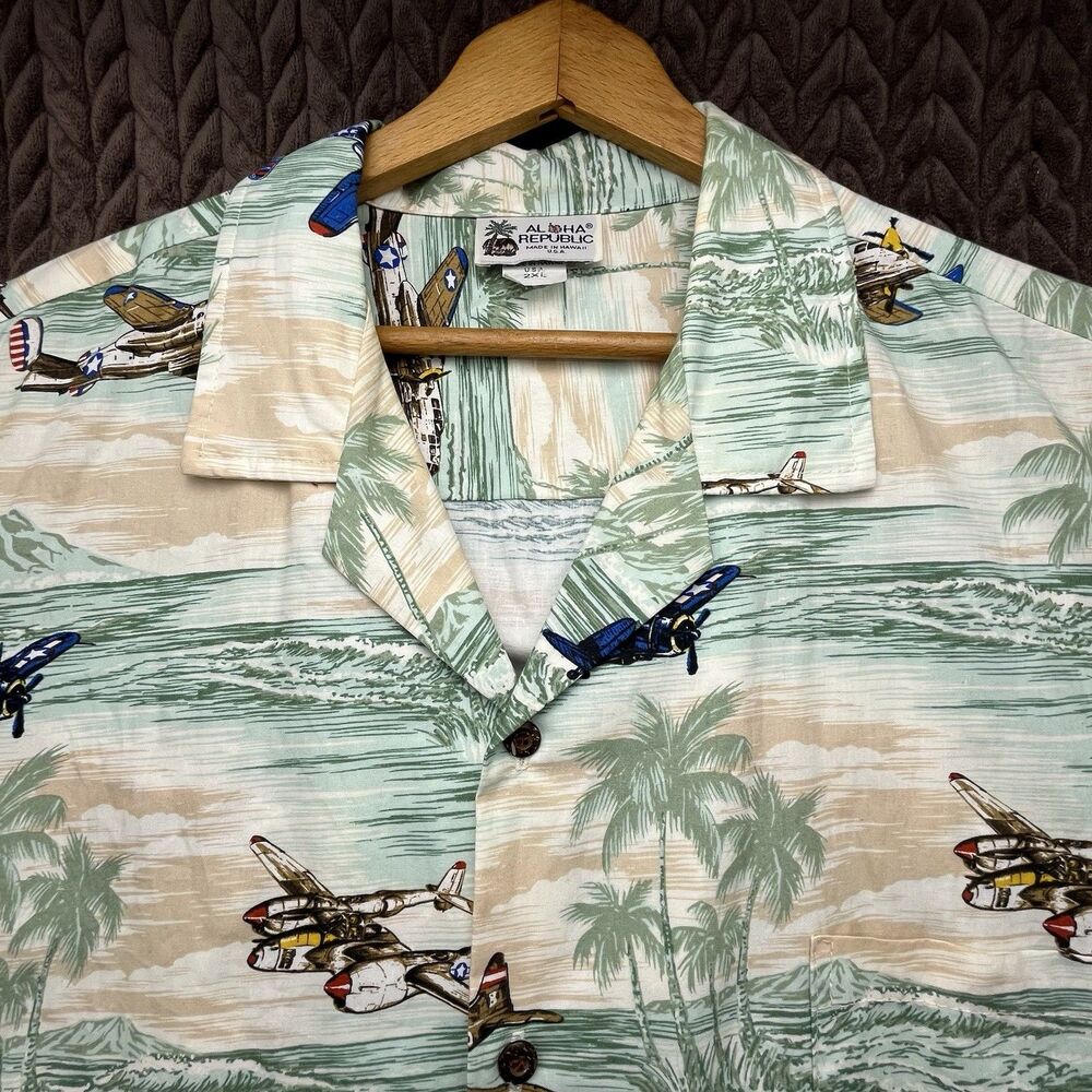 Vintage Aloha Republic Hawaiian Shirt Mens 2XL Fighter Planes Airplane Tropical